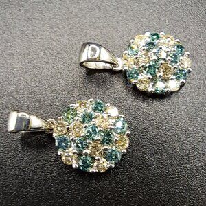 14KT White Gold & 0.50CTW Round Blue/White Diamond Pendant Flower Design  PAIR